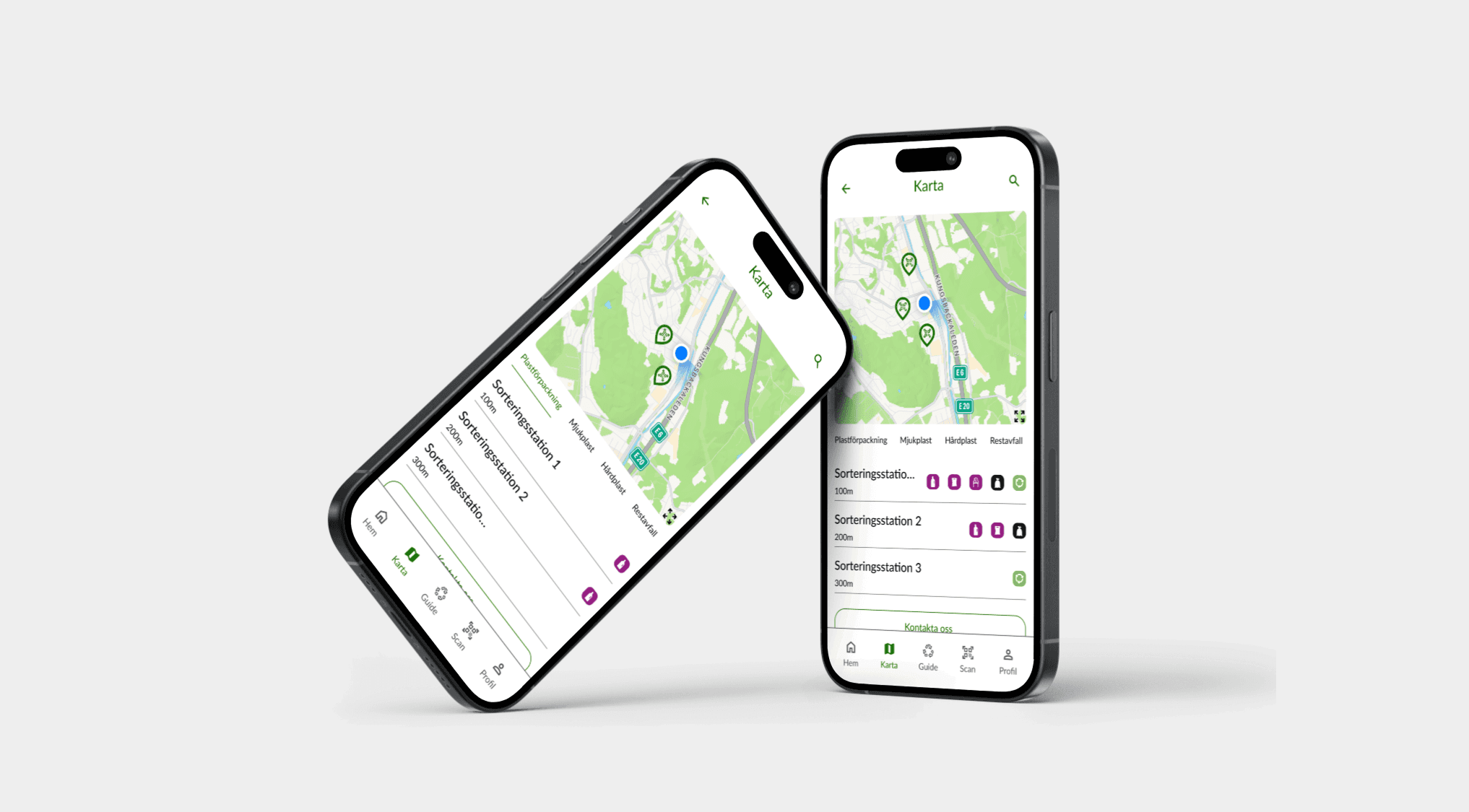 Two smartphones displaying a recycling app's map feature, showing nearby sorting stations with icons indicating waste categories. The interface provides location details and sorting options for plastic, metal, and other materials.