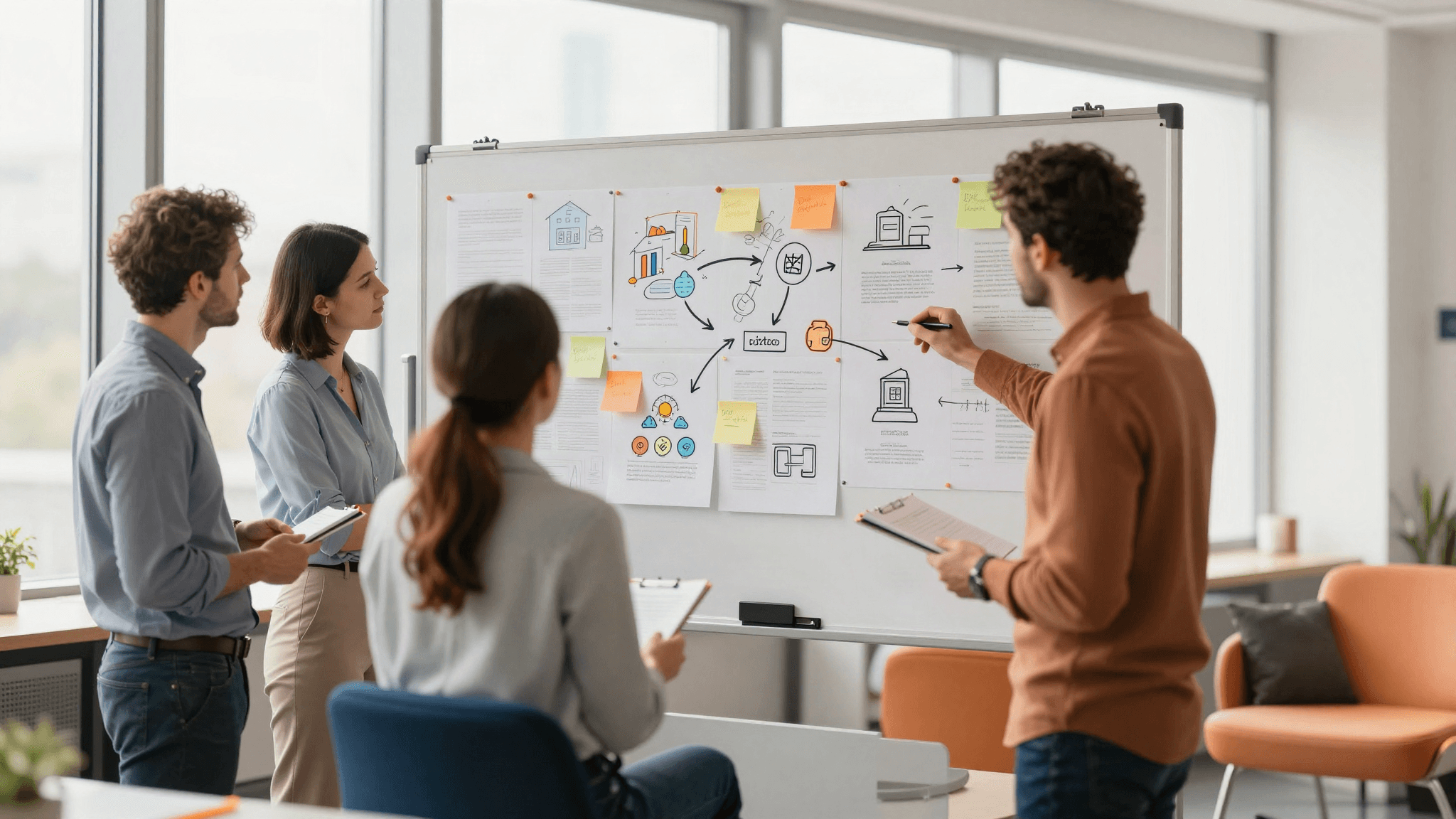 GEO-Agentur-Hub, Strategie-Team an Wand mit Übersichten (KI-generiert)