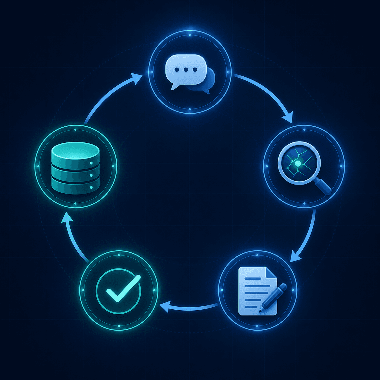 A clean flat illustration of an autonomous self-improving feedback loop cycle, depicted as a circular flow diagram with glowing nodes. Each node represents a stage: an incoming conversation bubble, a magnifying glass over a knowledge gap, a document being drafted, a checkmark approval stage, and a knowledge base cylinder being updated. Soft blue and teal colors on a dark navy background, subtle grid lines, arrows connecting each stage in a continuous loop, professional enterprise aesthetic, no text or labels.