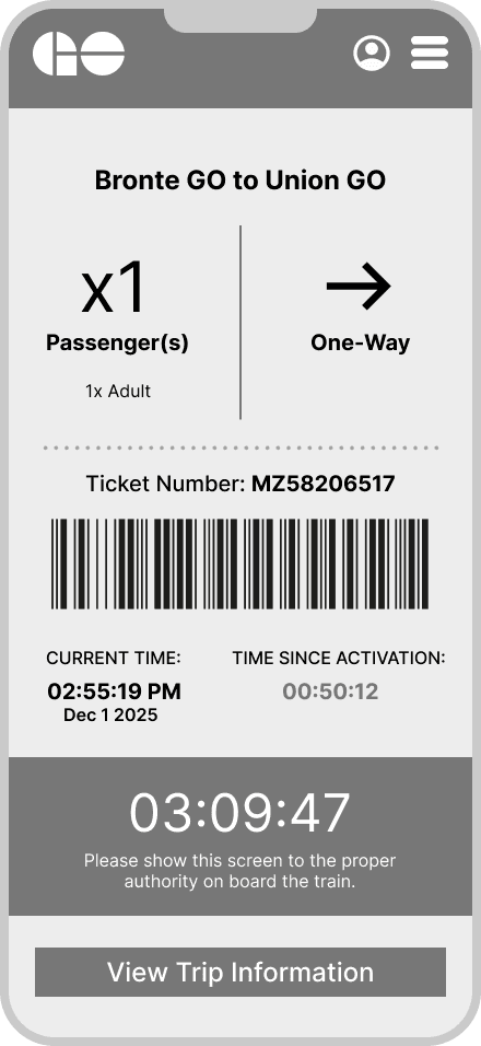 Digital ticket showing route details, barcode, activation timer, and a View Trip Information button.