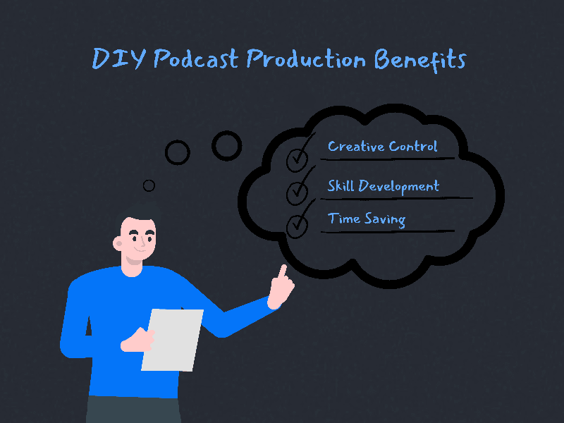 Illustration of DIY podcast benefits: a cartoon person in blue pointing to a thought bubble containing three checkboxes - Creative Control, Skill Development, and Time Saving