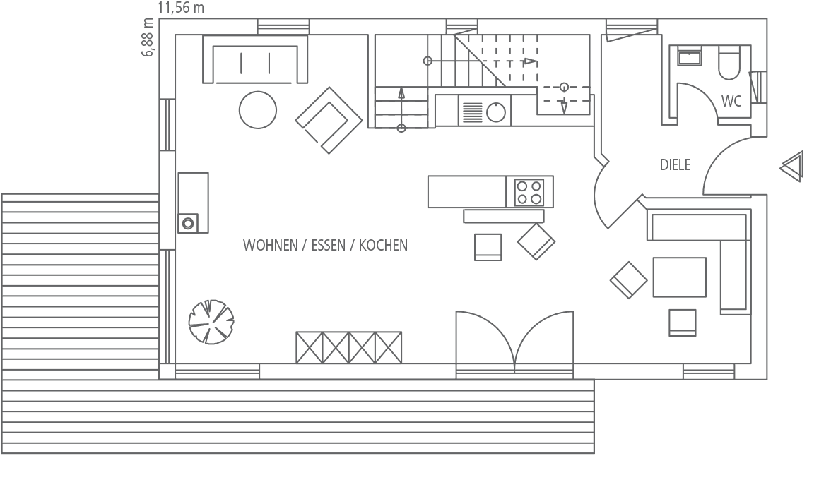 Grundriss zeigt Wohnen/Essen/Kochen, Küche, Diele, WC und Außenterrasse mit Maßen 11,56 m x 6,88 m.
