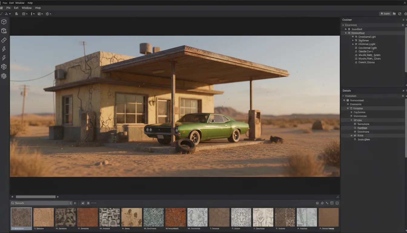 A screenshot of the Unreal Engine software interface in a Modern Dark Mode style, featuring a central 3D viewport surrounded by editor panels. The UI layout includes a left sidebar with placeholder icons, a top toolbar with UI elements, a right-side panel with a scene hierarchy and abstracted text lines in property fields, and a bottom content browser displaying material thumbnails. The main viewport shows a high-fidelity 3D render of a dusty, retro desert gas station at golden hour, with a vintage green muscle car parked under the awning.