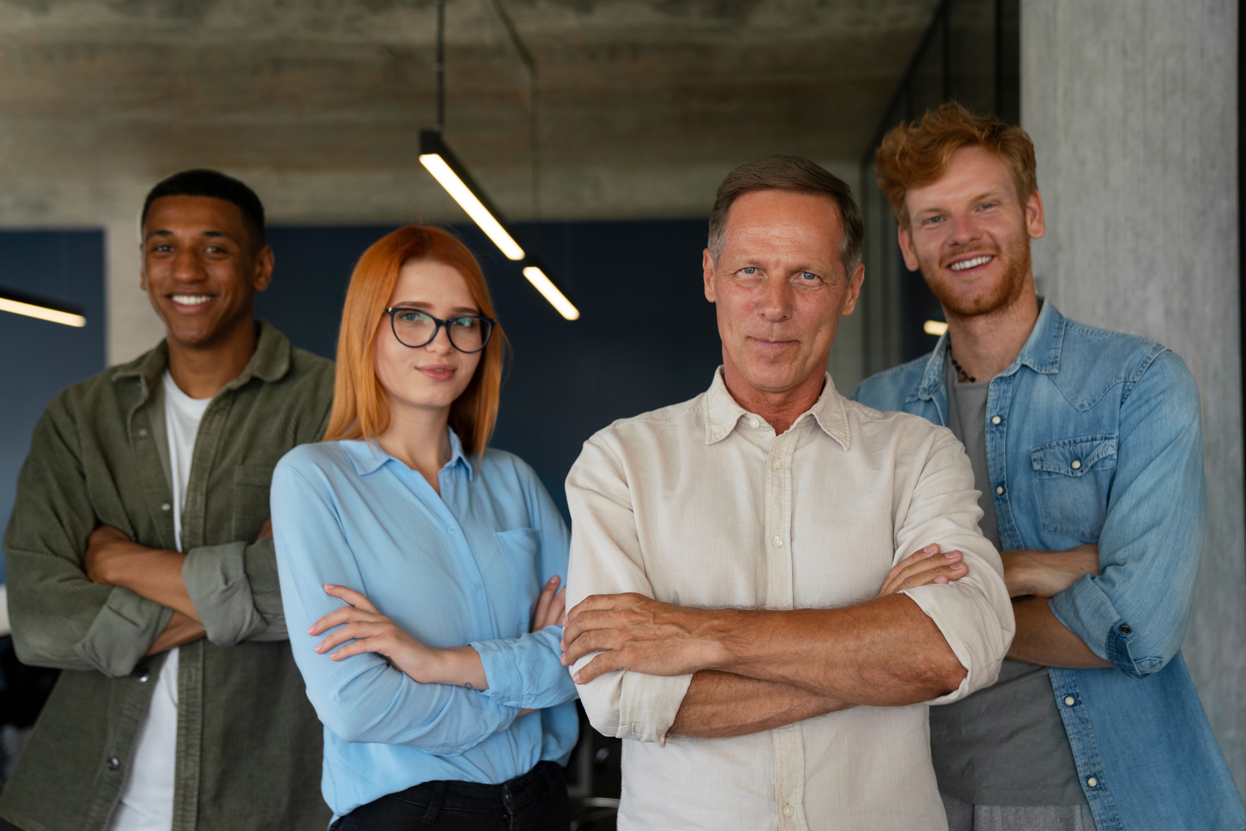 Group of four colleagues standing with arms crossed.