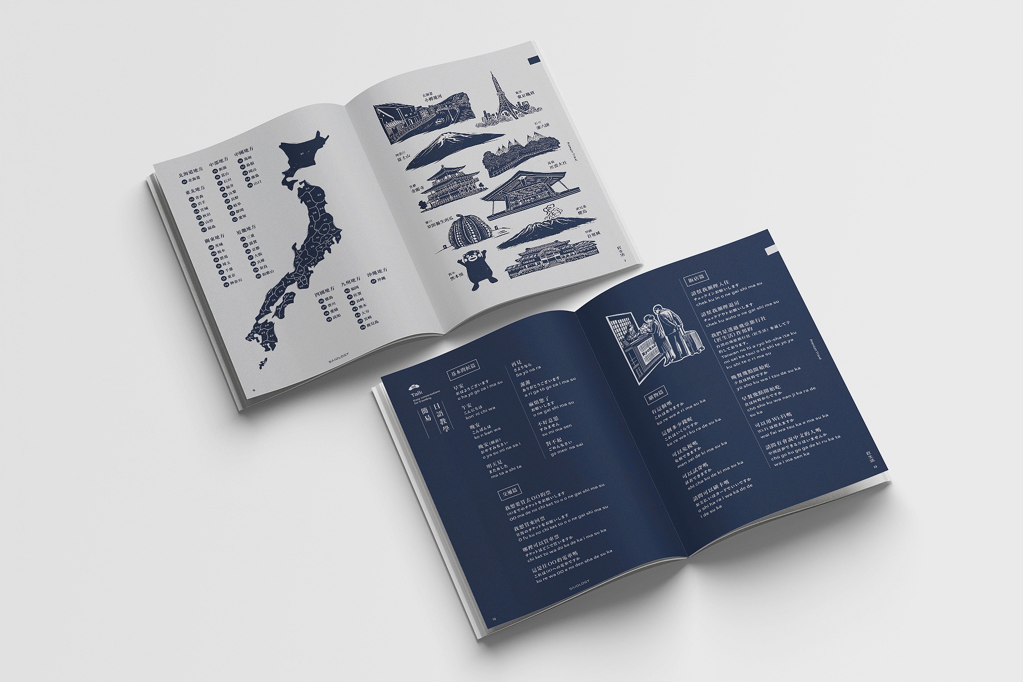 這張圖展示了匠生活的日本旅遊手冊設計。其中一本展示了一張日本地圖及各地區的著名景點插圖,另一本展示簡易的旅遊中日翻譯。