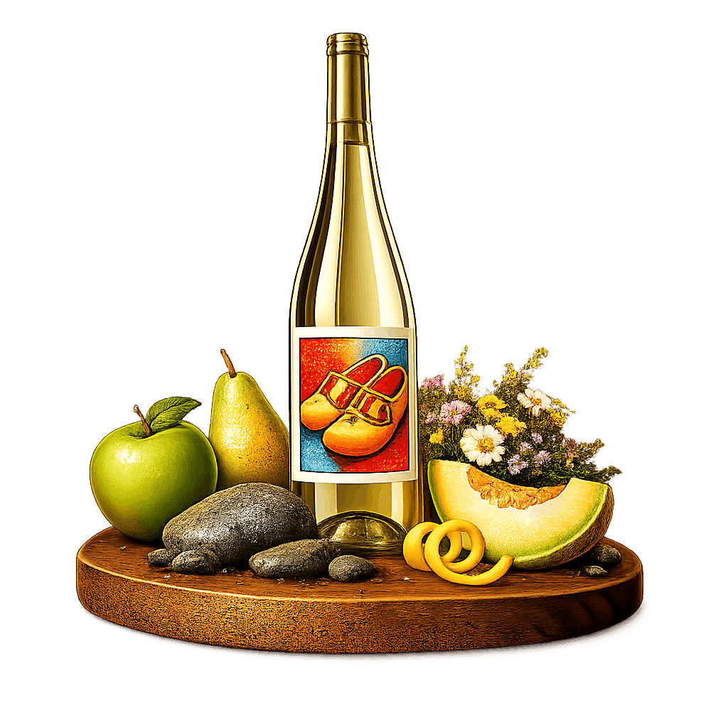 Artistic label and flavor profile for Dutch Johanniter on a rustic wooden table.