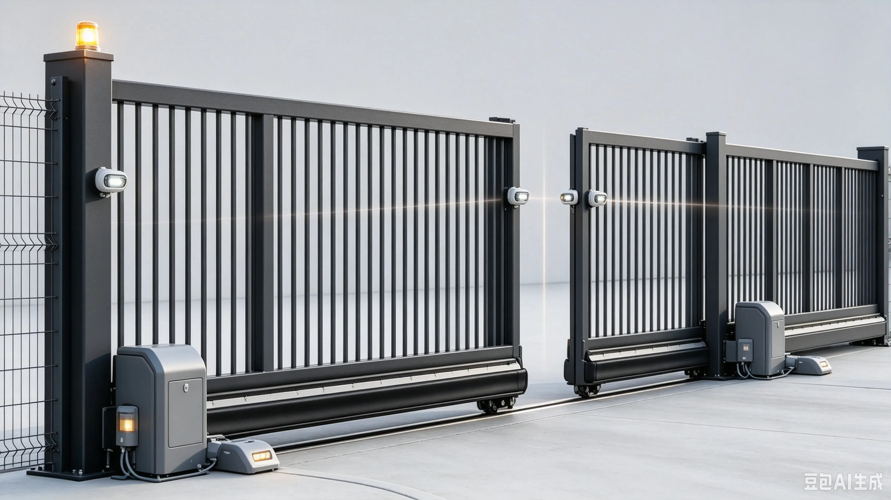 Photocell sensors, safety edge, and warning light used in automatic gate systems