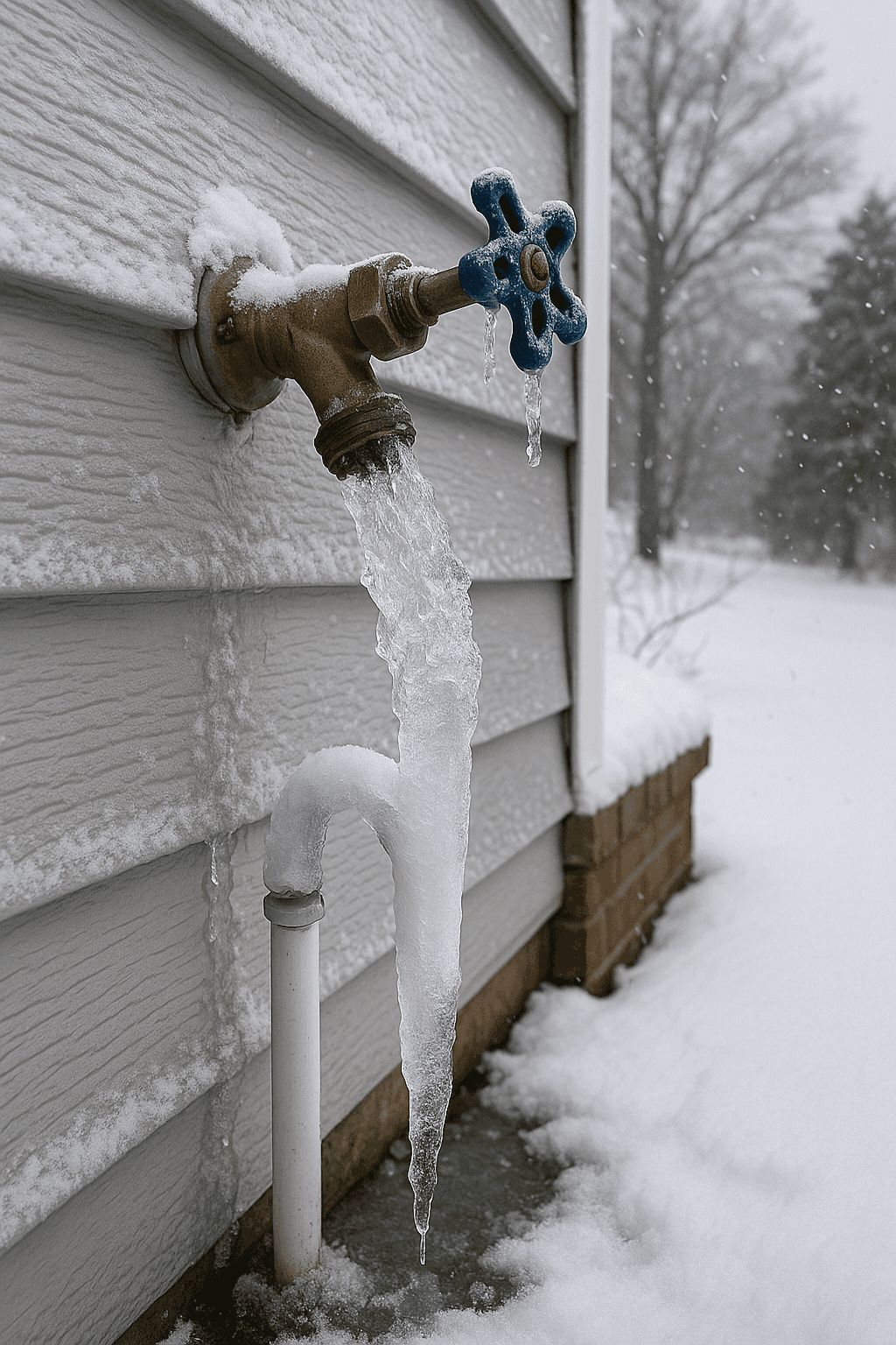 Frozen outdoor faucet with icicles in snowy Chilliwack Fraser Valley British Columbia, needing plumbing HVAC help.