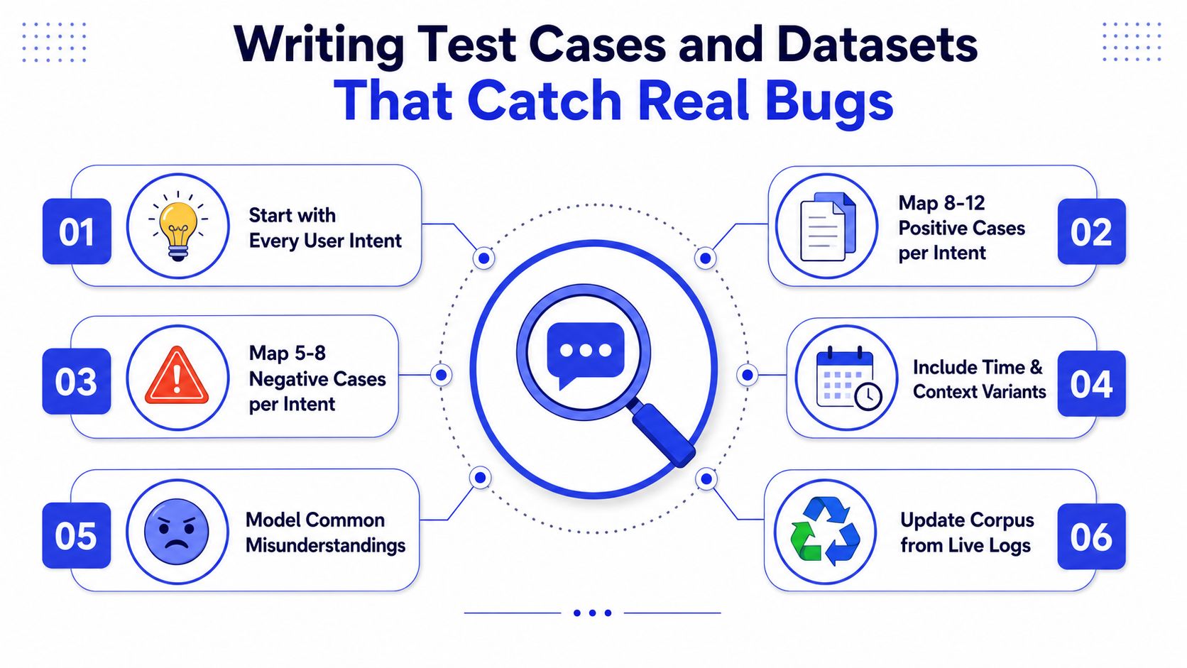 An infographic detailing six steps to write effective chatbot test cases and datasets for catching bugs.