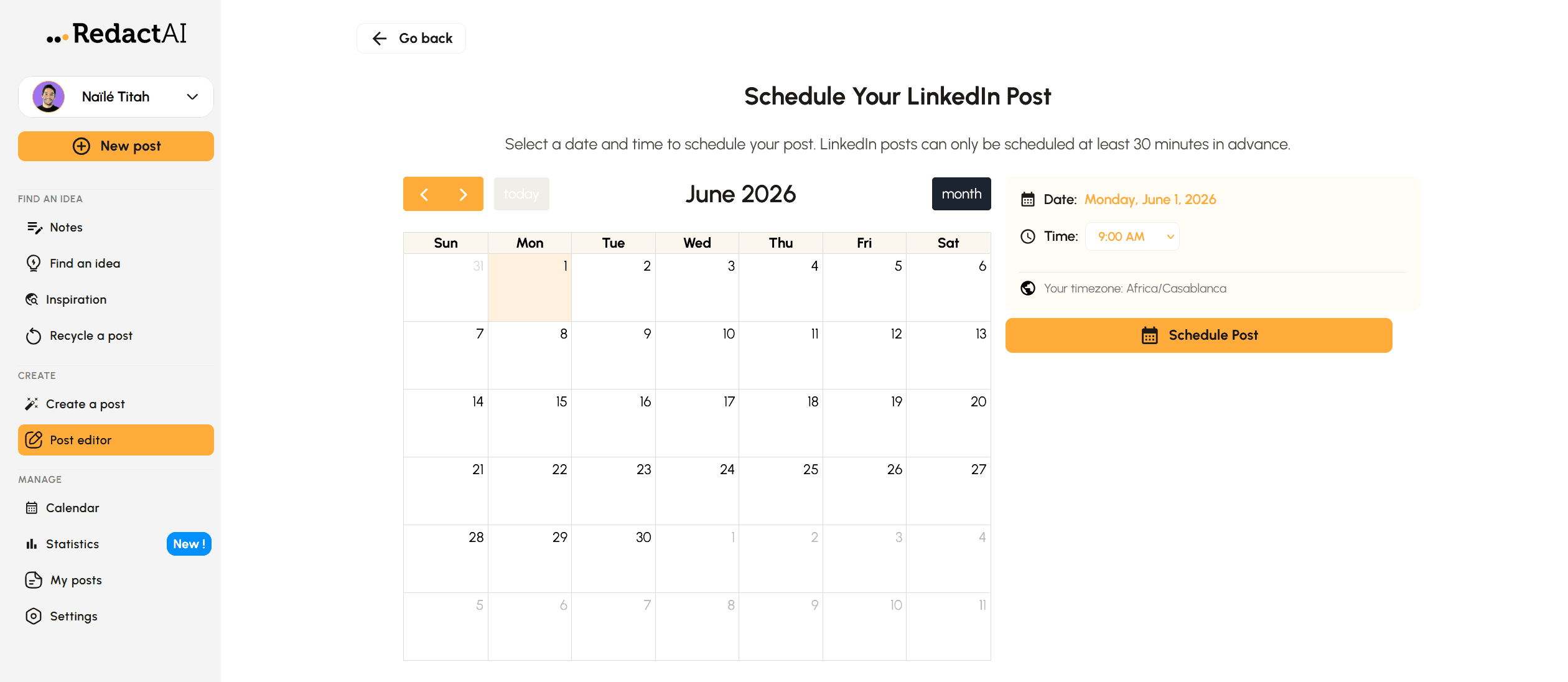 RedactAI's LinkedIn post scheduler