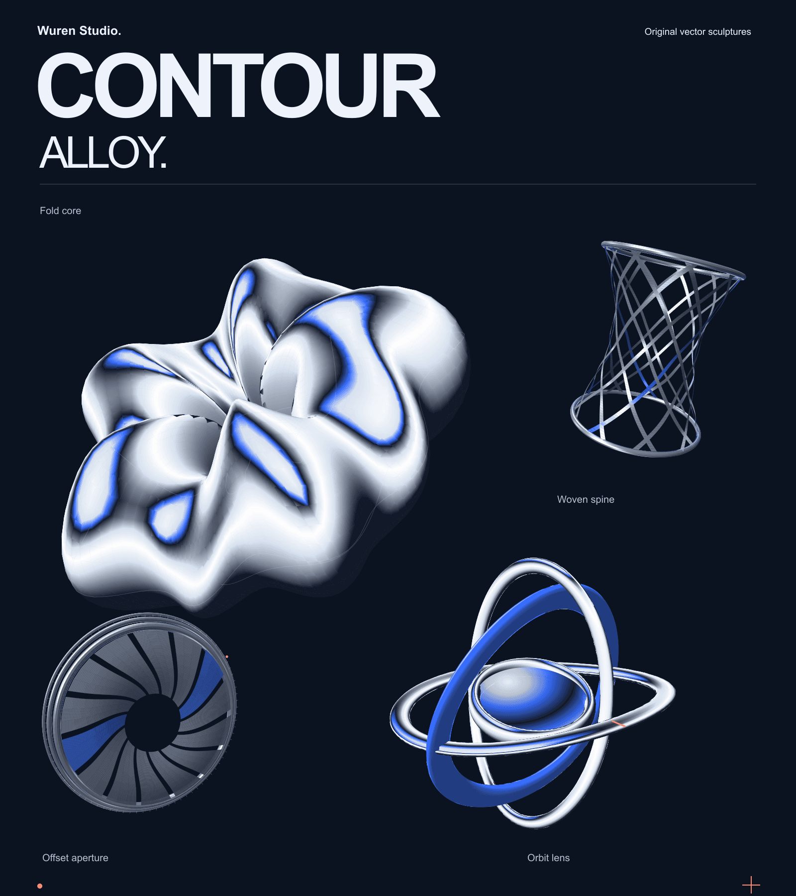 Four original Contour Alloy sculptural SVG studies with ribbed metallic forms, directional highlights and distinct woven, folded and orbiting geometry
