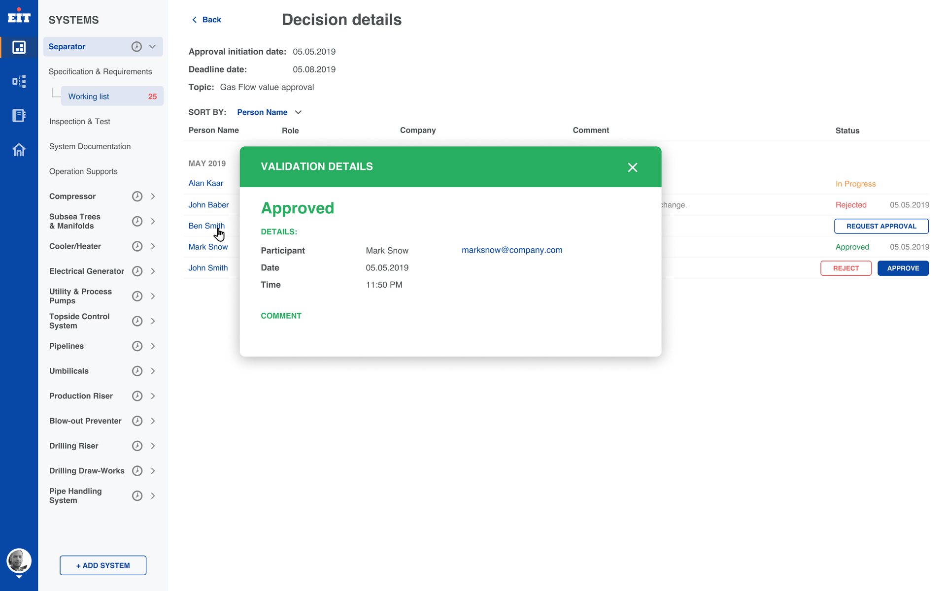 EIT, delivered design — Validation: An approval with its name and time — nobody has to remember why a number moved.