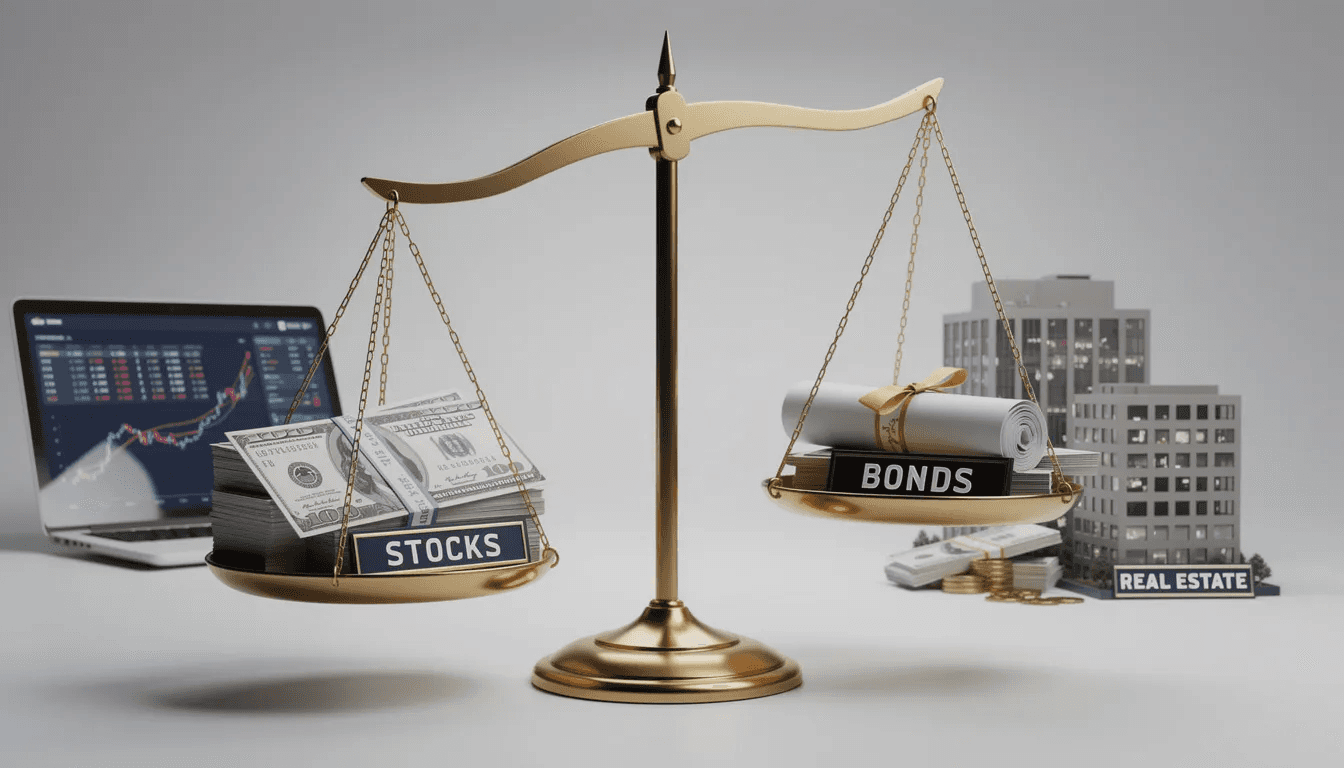 The image depicts a balanced scale featuring various investment types such as stocks, bonds, real estate, and cash, symbolizing the importance of a diversified portfolio in personal finance. This visual representation emphasizes the concept of turning money into more money through different investment strategies to build wealth and ensure financial stability.