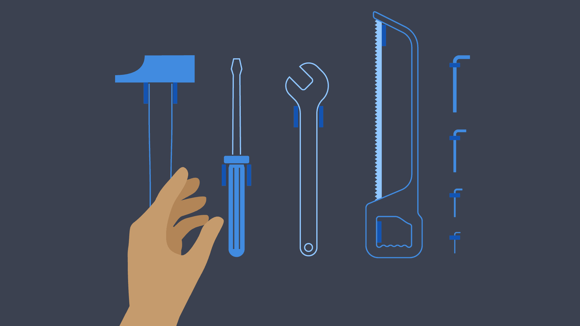 Stylised illustration of a hand grabbing into the tool shed to grab a tool hanging on the wall.