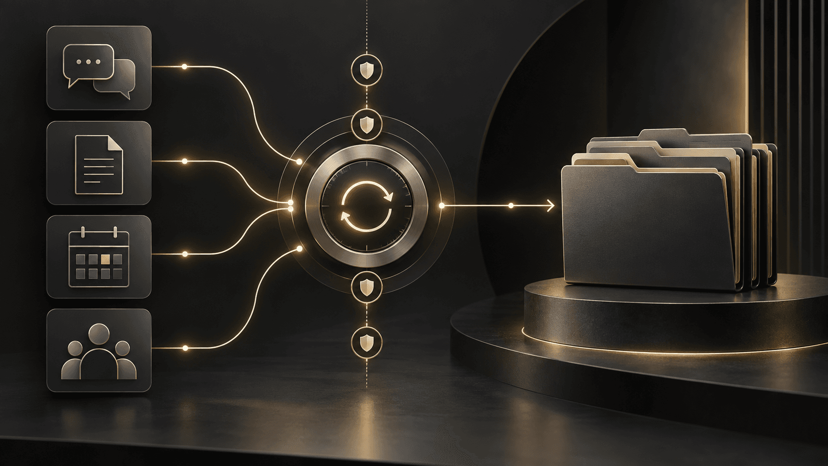 Messaging, document, calendar, and team modules pass through a secure synchronization hub into organized matter folders.