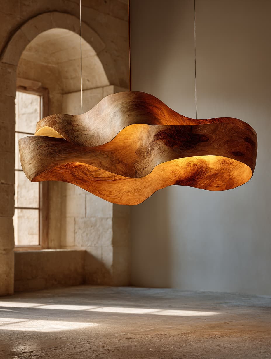 A fluid sculptural pendant light crafted from hand-formed natural wood veneer.