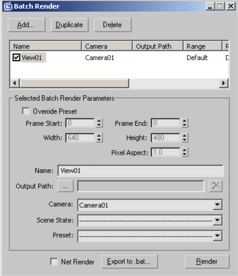 3ds Max Batch Render dialog showing a camera task, output path, resolution overrides, scene state, and render preset.