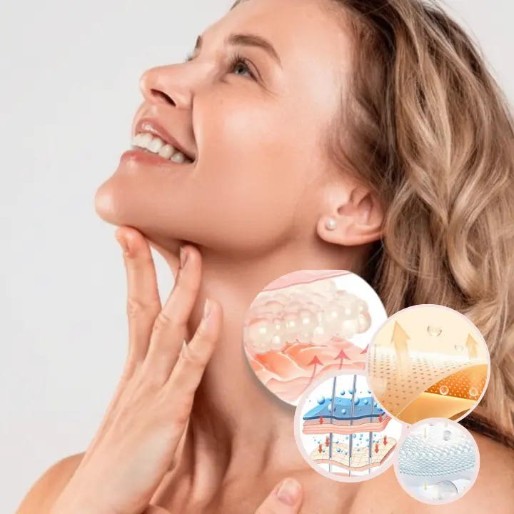 Zabieg na twarz Tropokolagen kobieta przedstawia swoją wygładzoną twarz po zabiegu