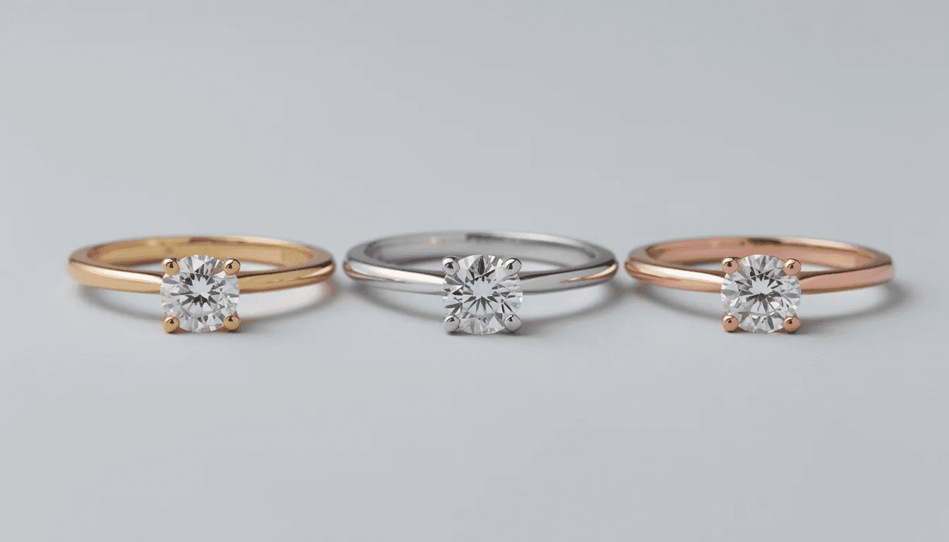 The image features three exquisite engagement rings displayed side by side, each showcasing a different precious metal setting: yellow gold, white gold, and rose gold, all adorned with sparkling diamonds. This visual highlights the unique properties and beauty of gold and silver jewelry, emphasizing the luxurious appeal of these fine metals.