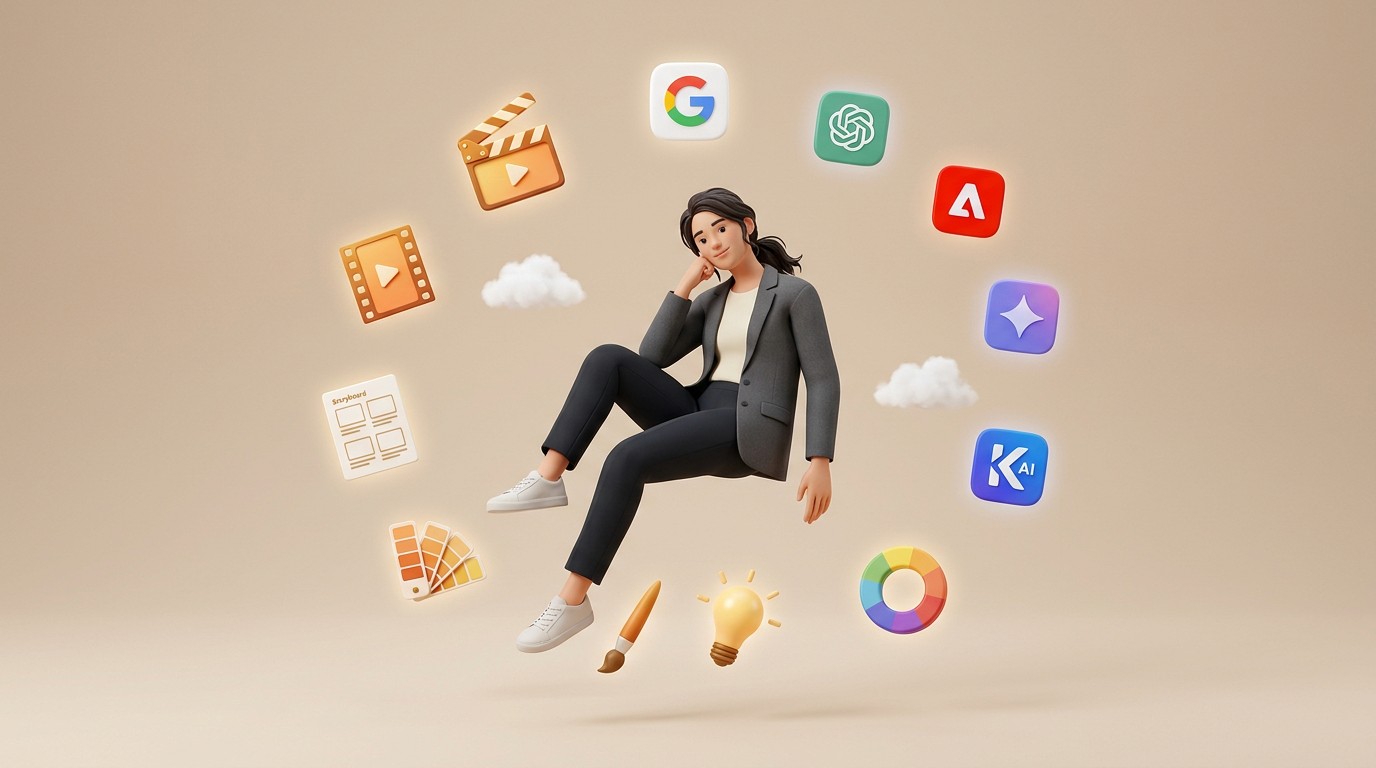 AI filmmaking and human creativity — 3D illustration of a creative director surrounded by filmmaking tools and AI generative app icons — Penguincil Design