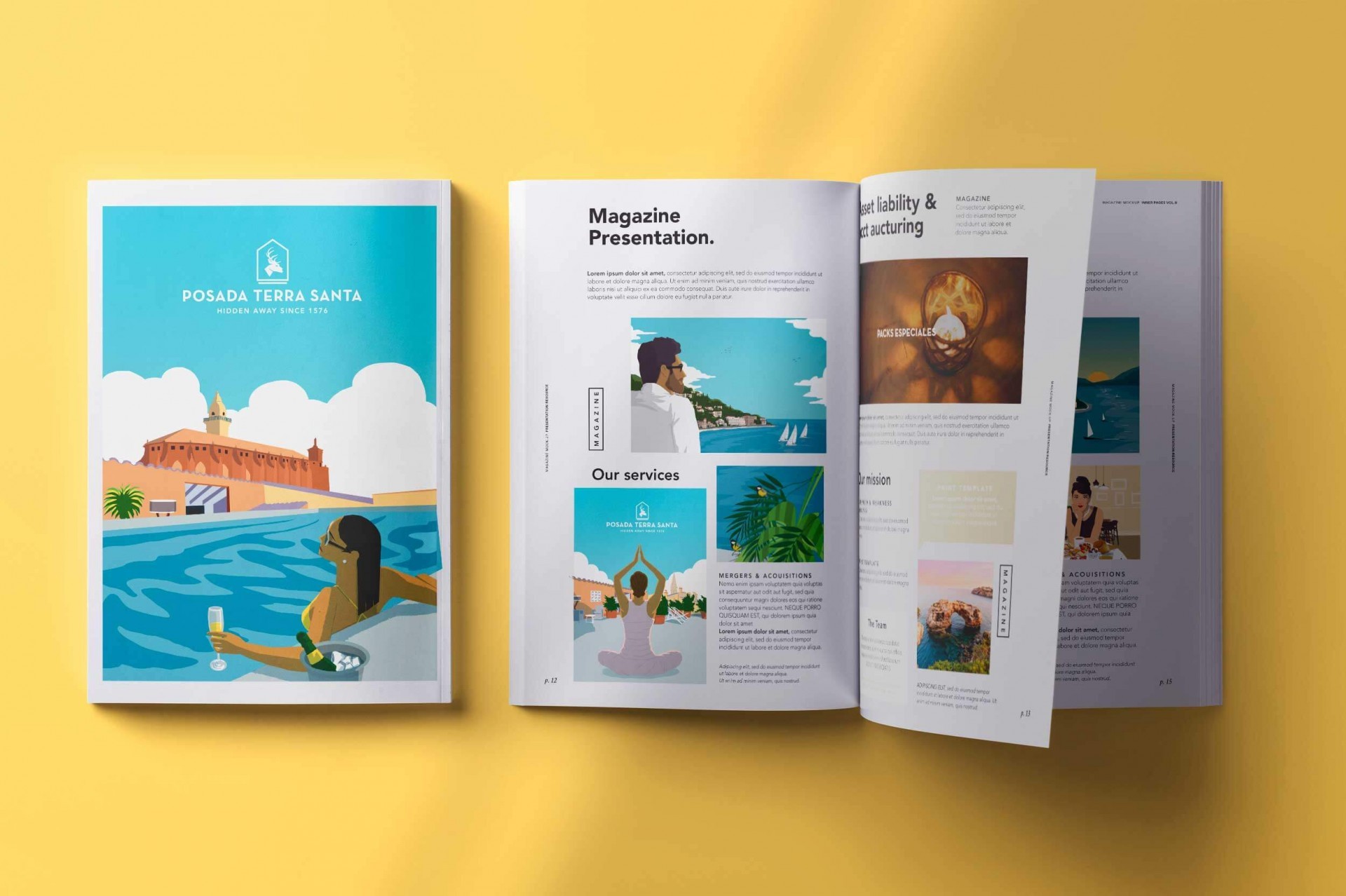 Revista diseño moderno y colores vibrantes, Posada Terra Santa.