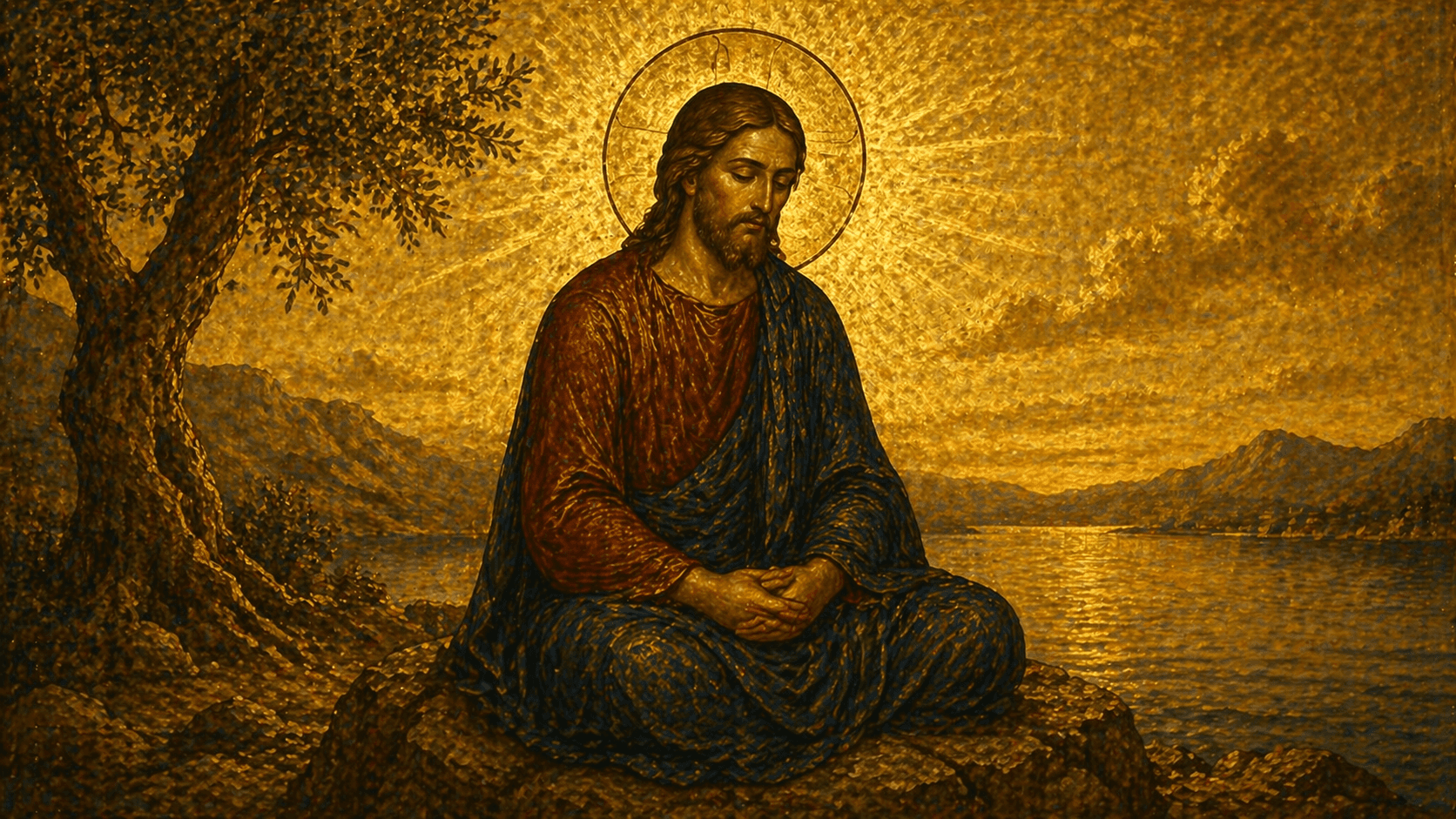 Jesus sitting peacefully by water in an Orthodox icon style with golden light, representing stillness and trust in God