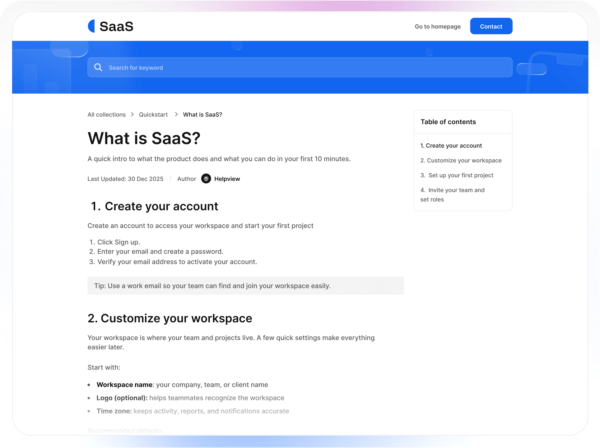 SaaS help center article page created from Notion documentation using Helpview.