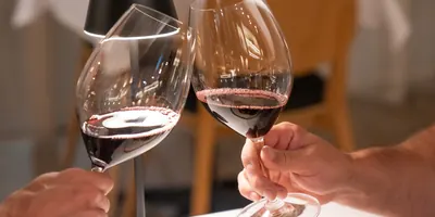 Two guests toasting with red wine glasses at Annata Restaurant