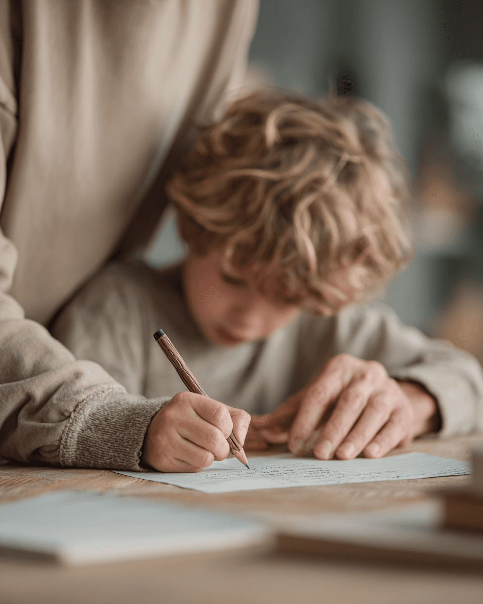 Erwachsene Person unterstützt ein Kind beim Schreiben – SilentAngels® liebevolle Kinderbetreuung und Alltagsbegleitung.