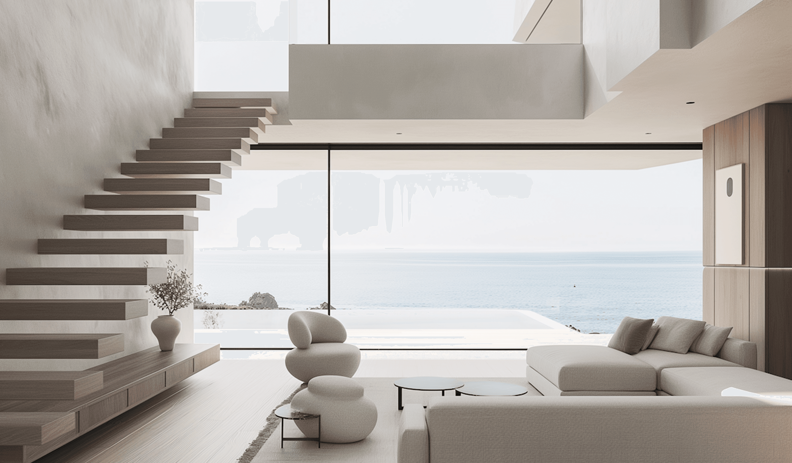 A modern living room featuring a staircase that leads directly to the ocean, showcasing a serene coastal view.