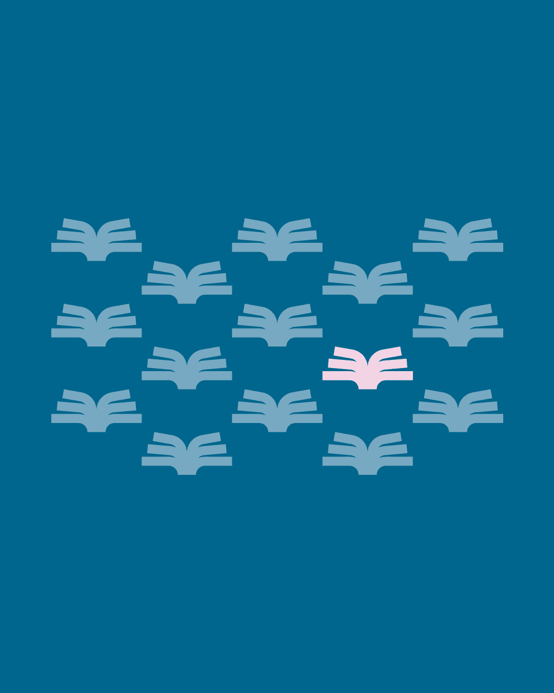 Tutig repeating open book pattern graphic in tonal blue, with a single pink book mark as a focal accent
