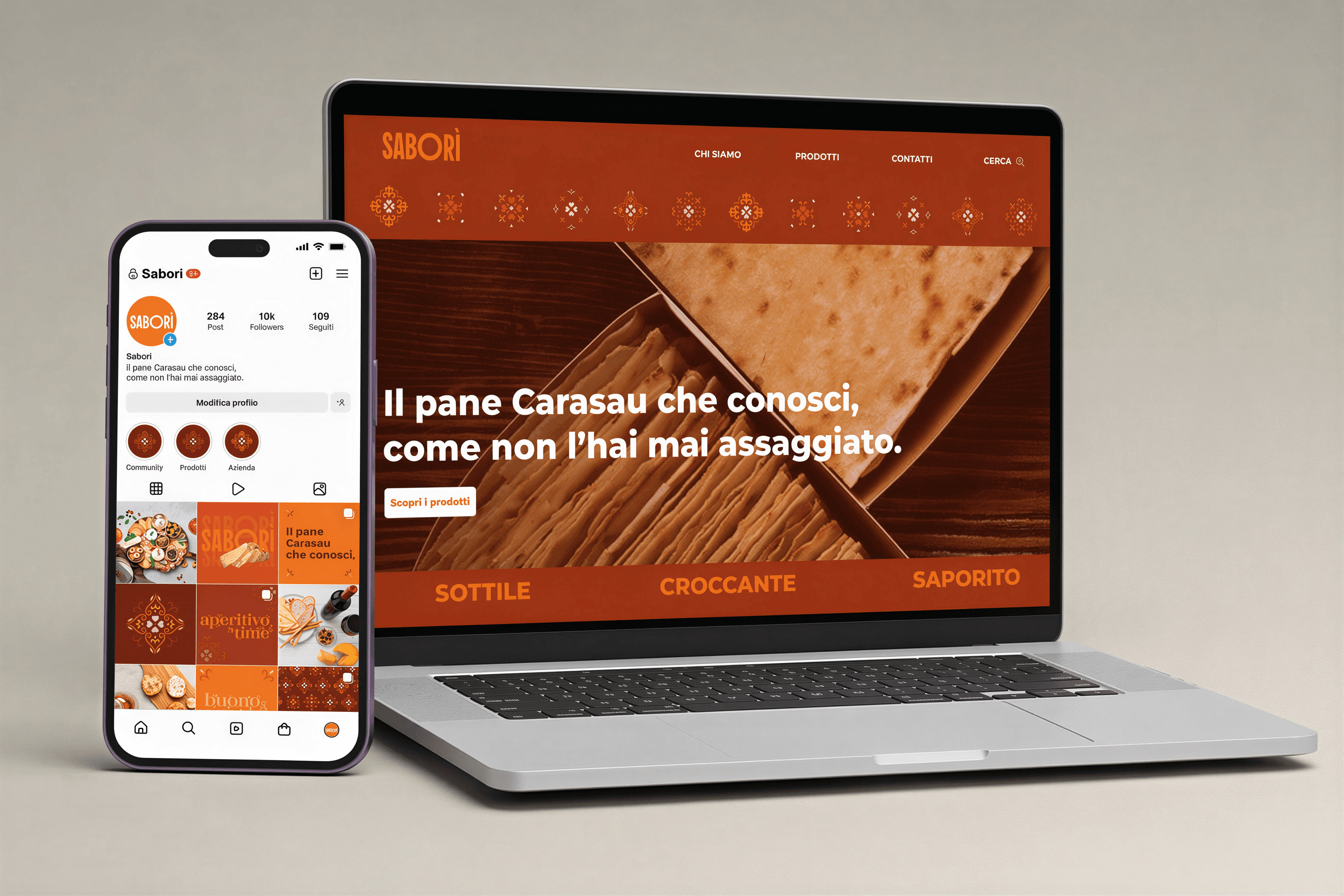Macbook showing a website and a matching iphone showing social media pace
