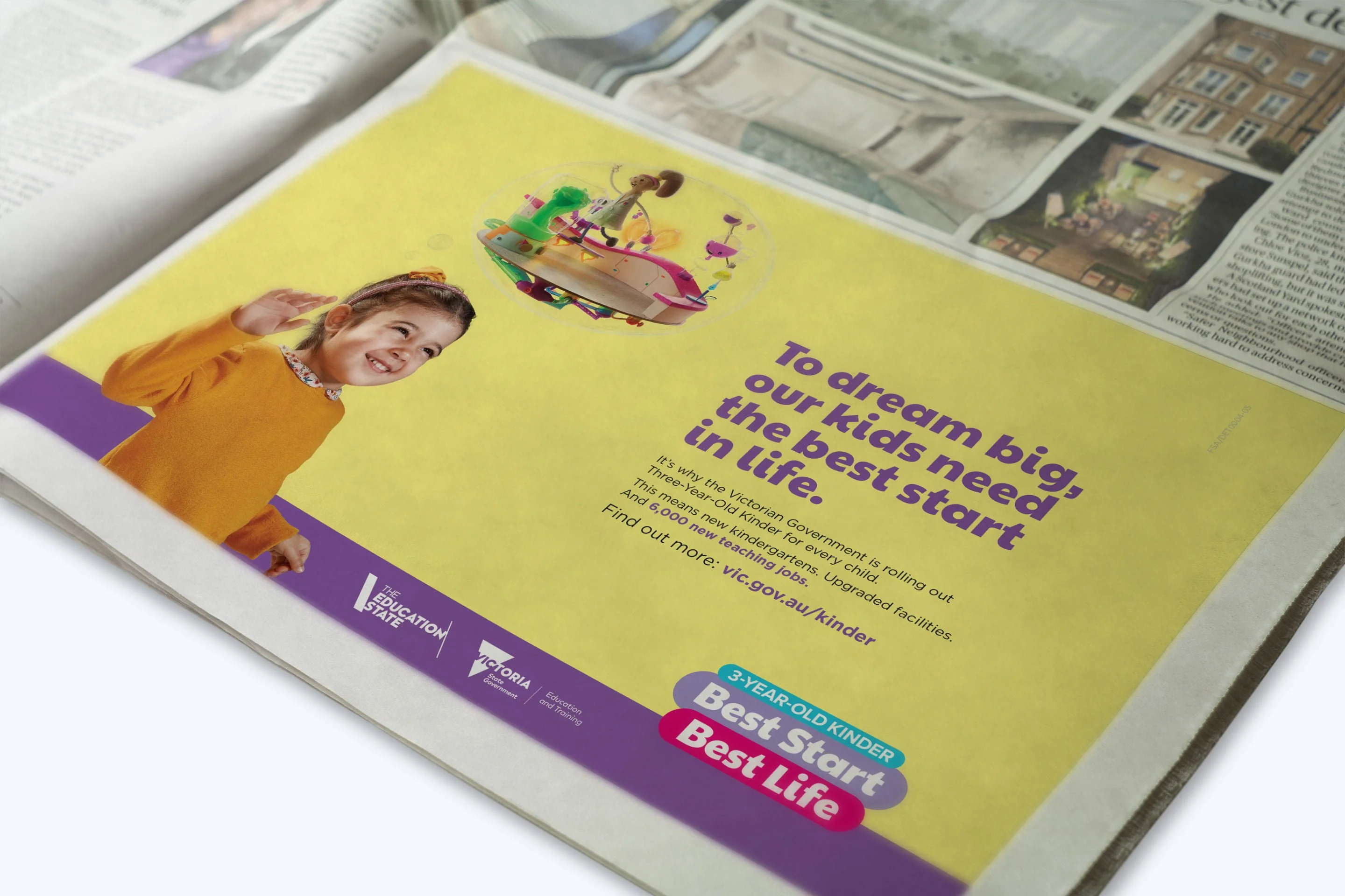 Newspaper ad: 'To dream big, our kids need the best start in life.' with a girl waving and Best Start Best Life logo