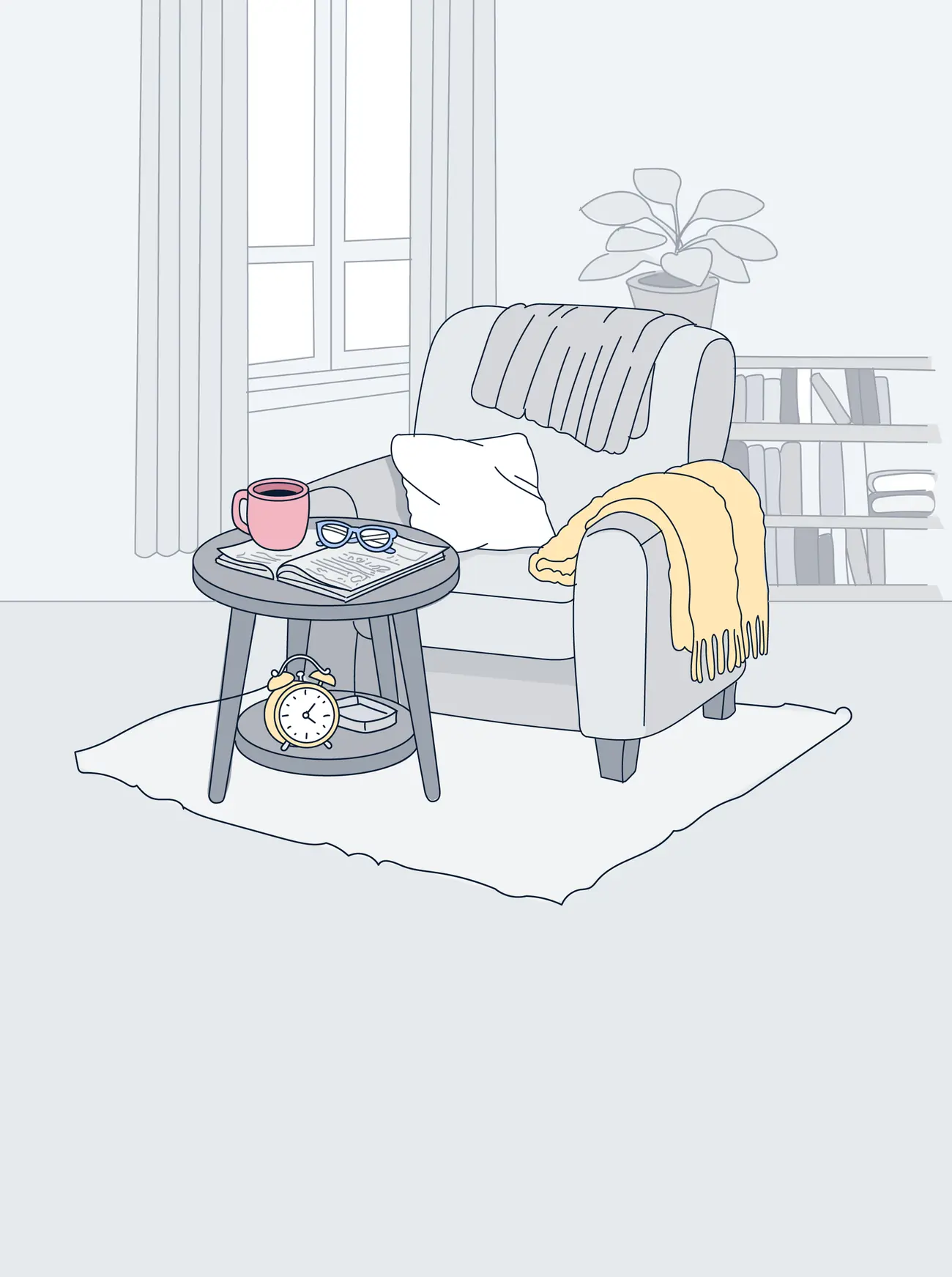 Illustration of a cosy armchair with a blanket and cushion beside a side table with coffee, glasses, a newspaper, an alarm clock, and a bookshelf
