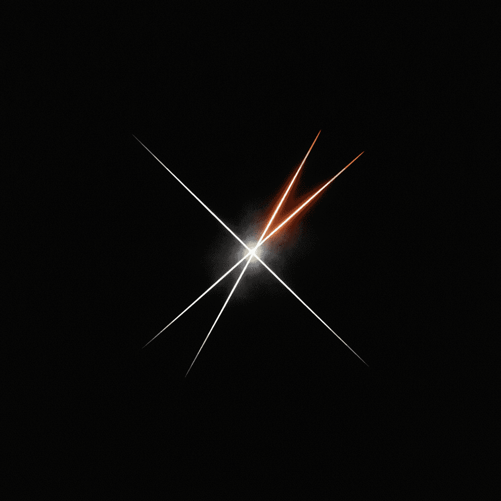 Two diverging light threads against deep black, one rising sharply, the other falling