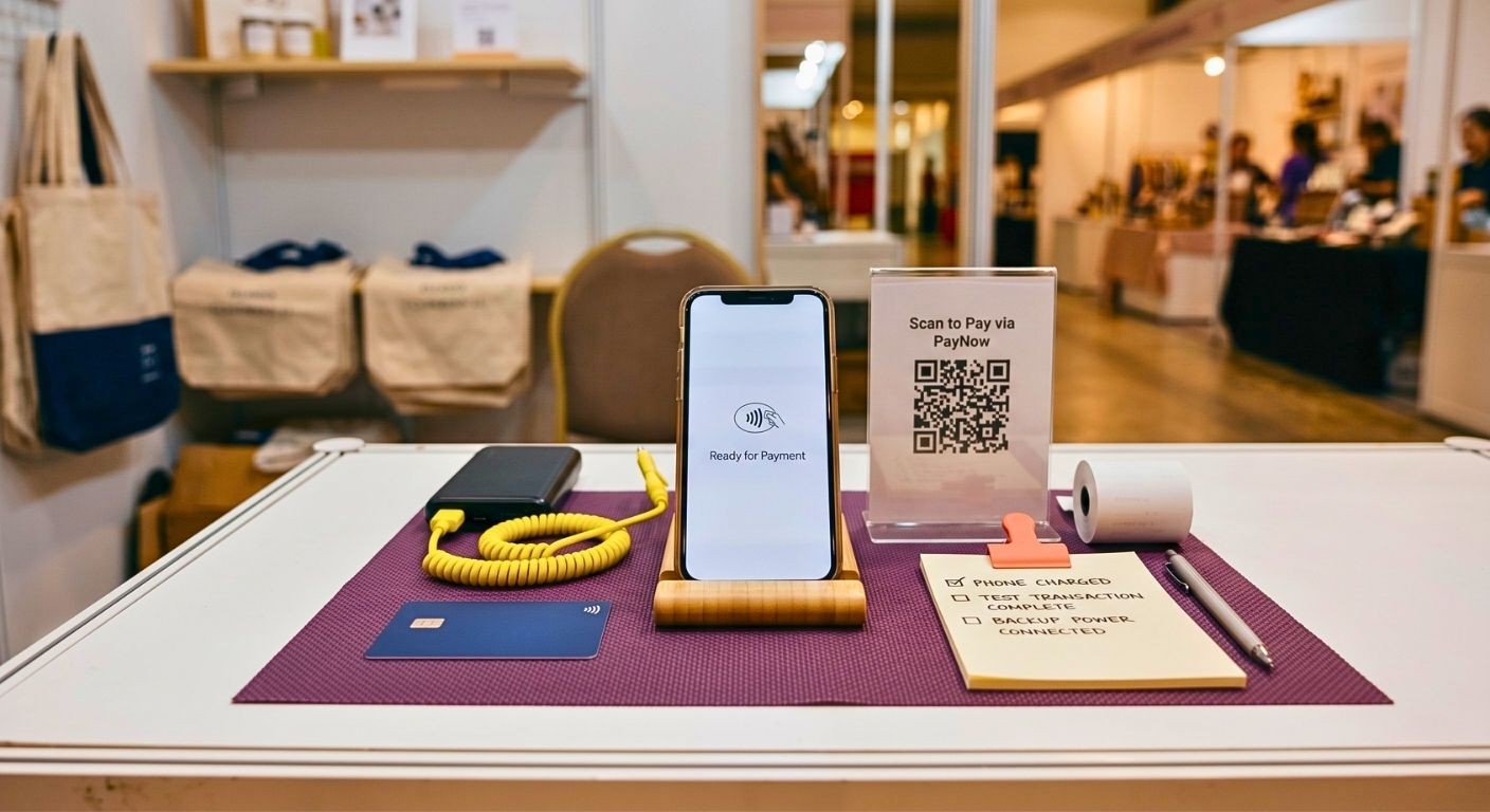 Boutiques Singapore payment setup with smartphone, contactless card, power bank, QR stand and merchant checklist