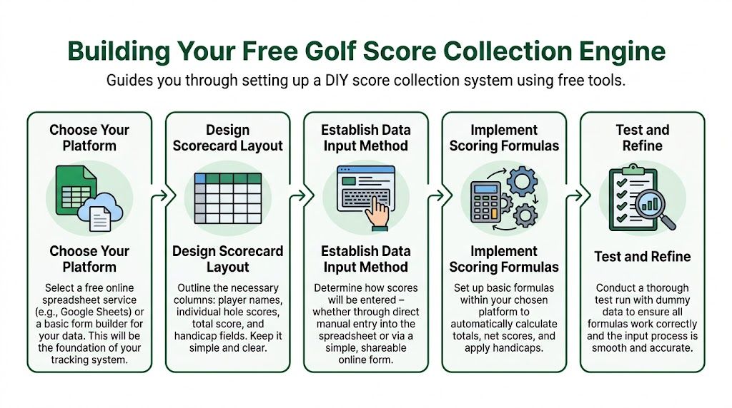 A five-step infographic showing how to build a free golf score collection system using simple digital tools.