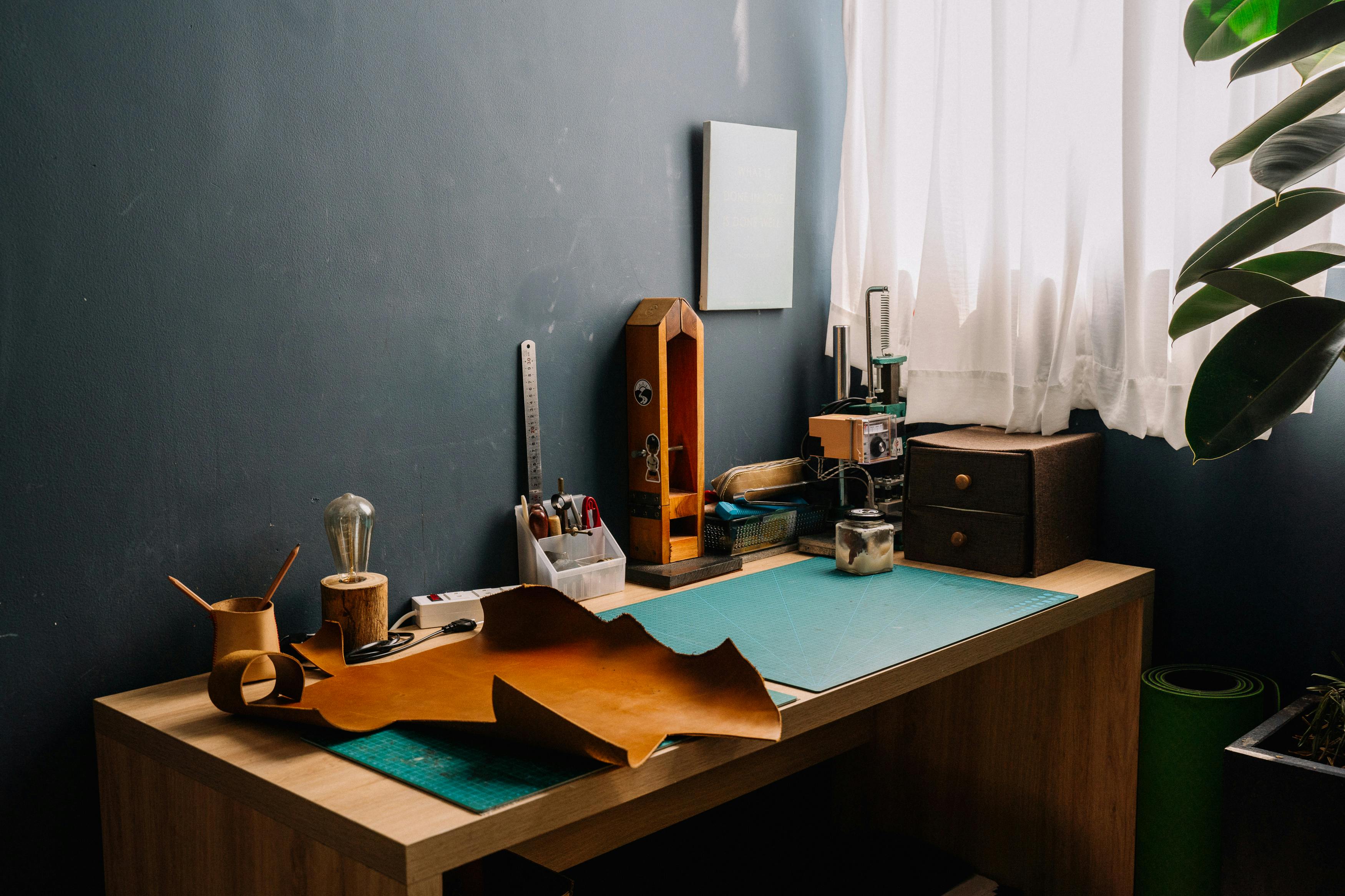 Craft workspace with leather and tool