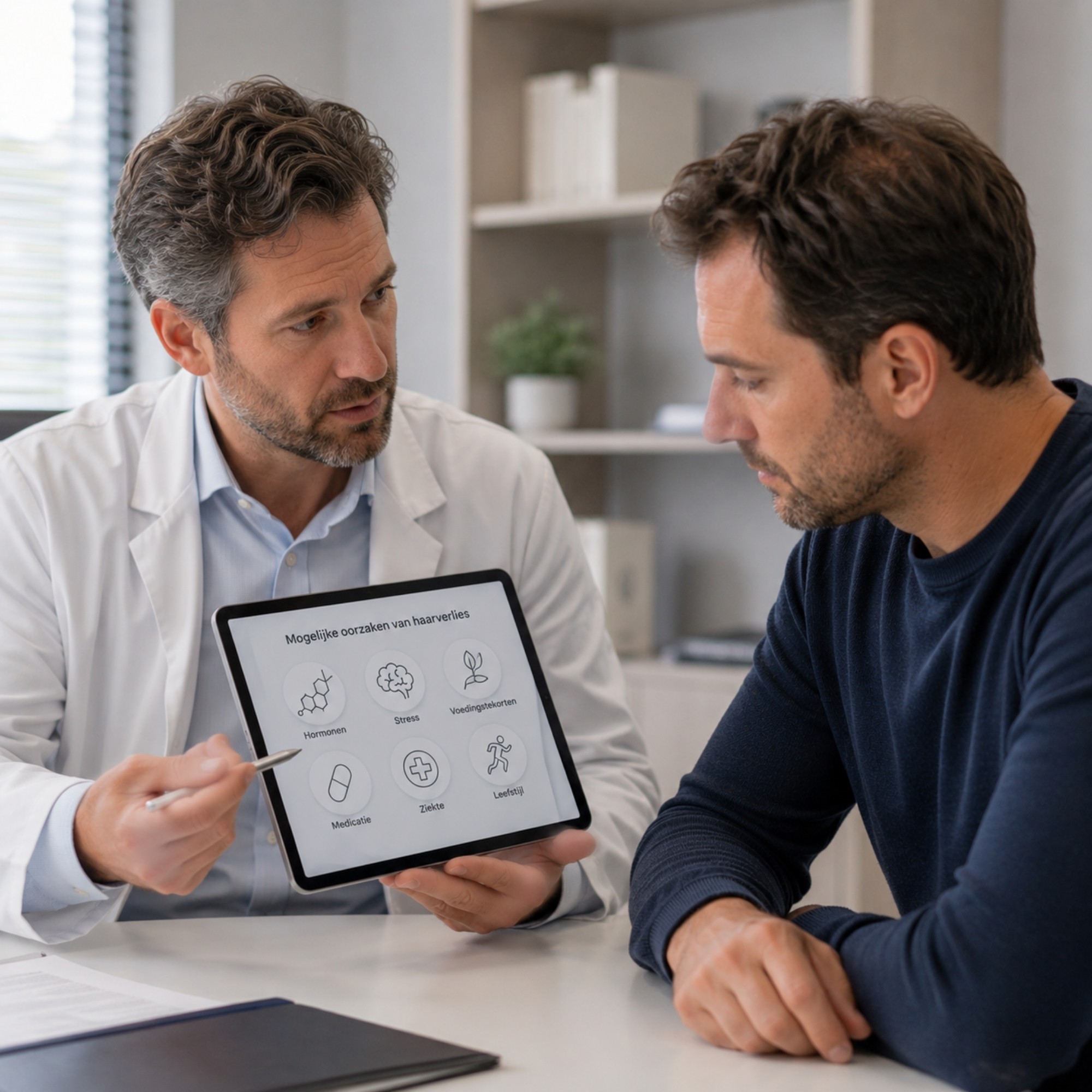 Man bespreekt mogelijke oorzaken van haarverlies tijdens een medisch haarconsult.