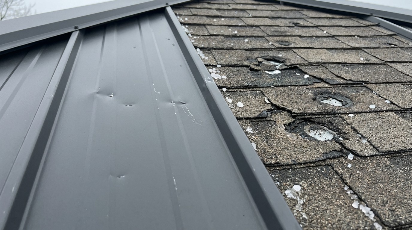 Metal roof impact resistance demonstration showing hail damage protection