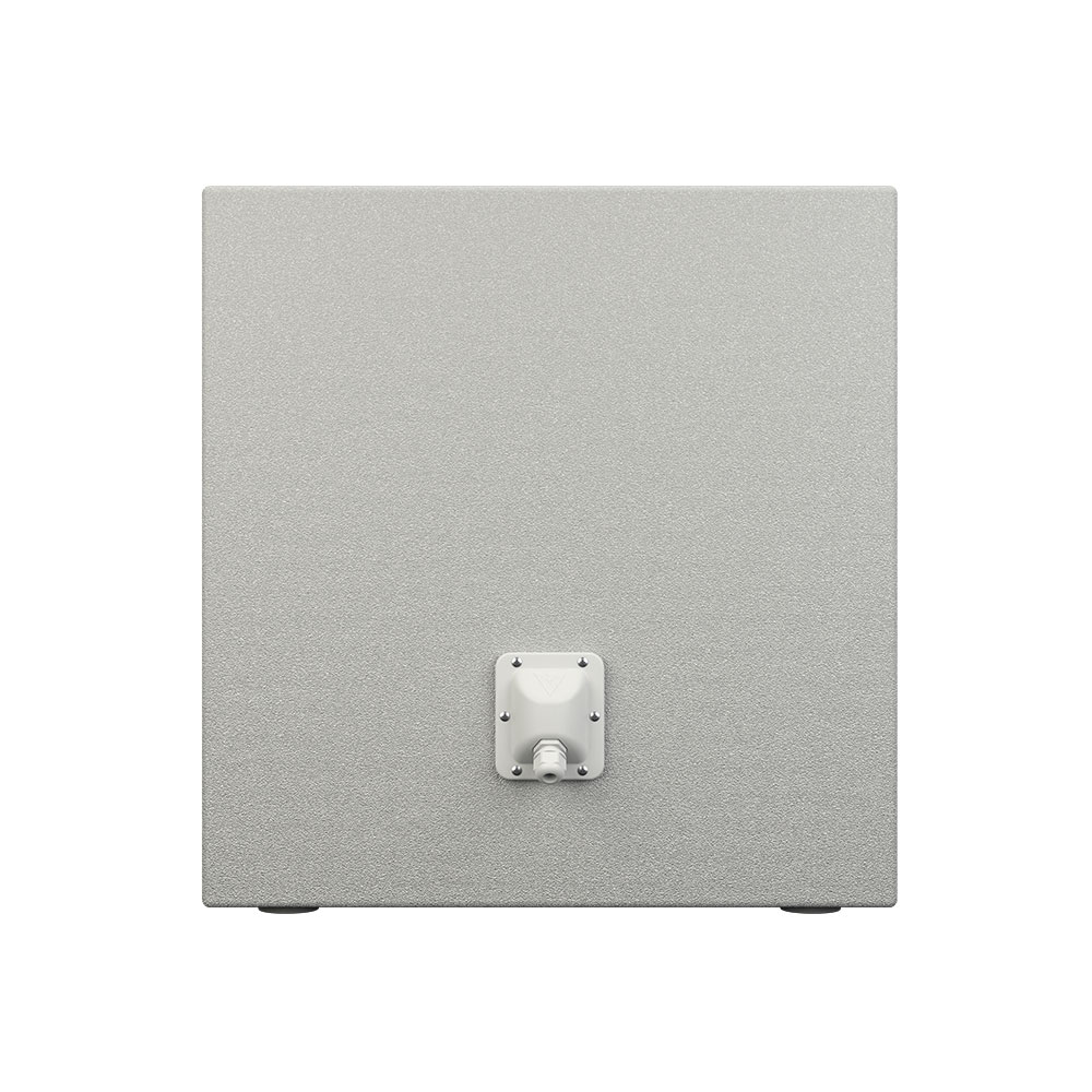 Gray box with a white square fitting on the front.