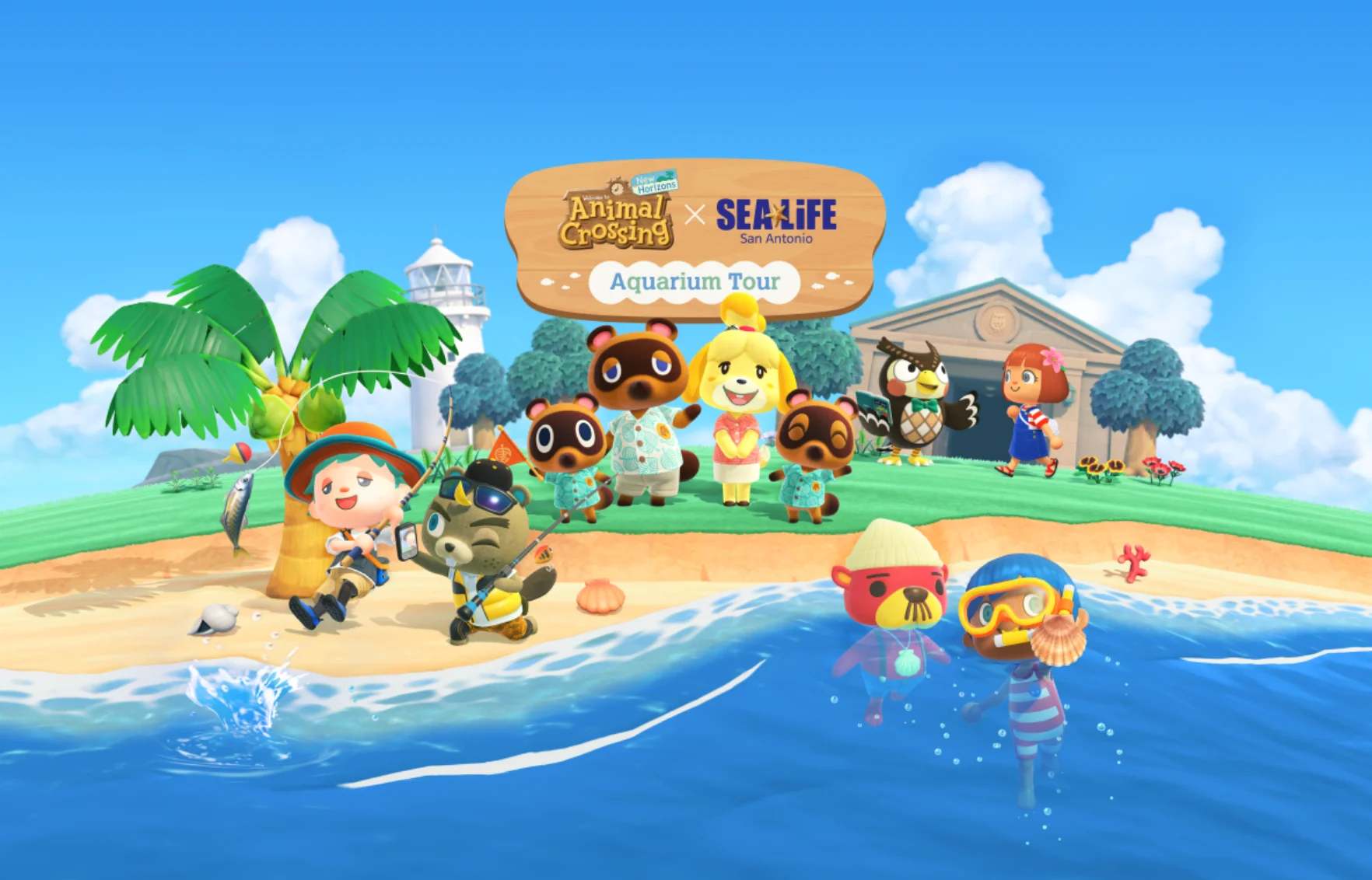 Animal Crossing x Sea Life San Antonio Aquarium Tour promotional graphic, featuring Tom Nook, Isabelle, and other Animal Crossing characters on a beach