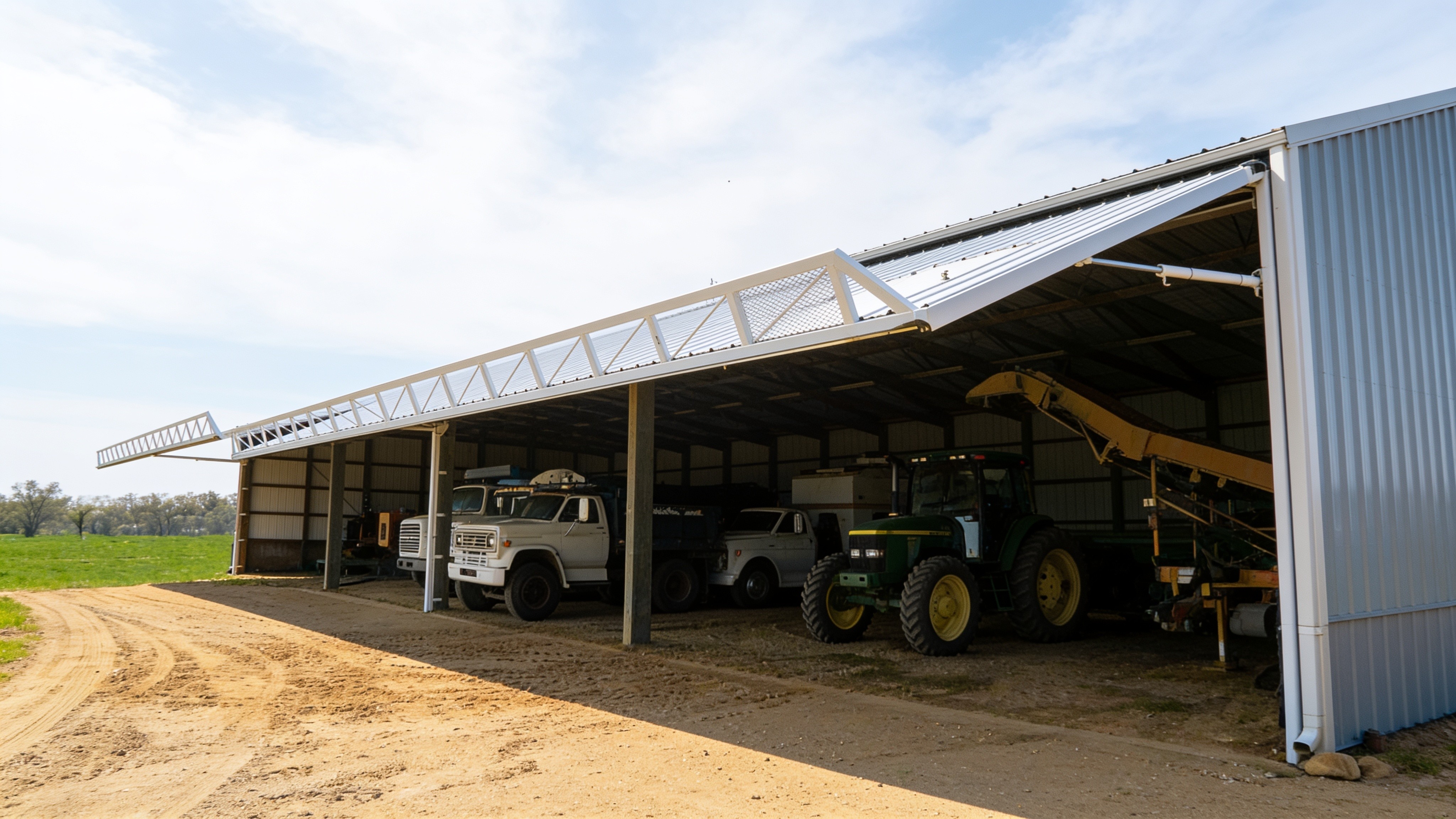 Two 52-foot PowerLift retrofit storage doors open on a metal storage building