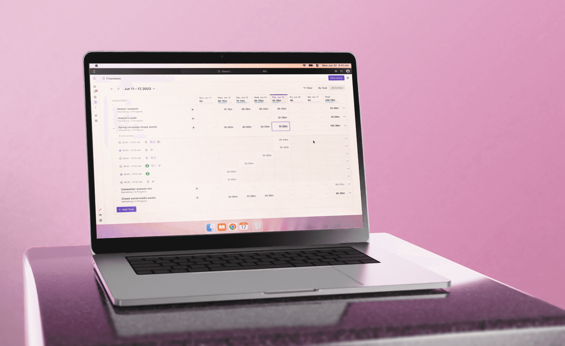 Timesheets bring an essential resource management workflow natively into the platform so that users can more efficiently track and view their time on tasks as each week progresses