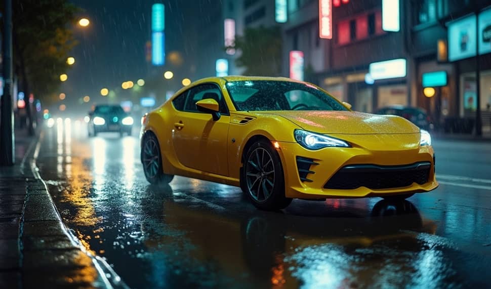 Une voiture de sport jaune vif sur une rue de ville pluvieuse la nuit, avec des reflets de lumières au néon sur l'asphalte mouillé.