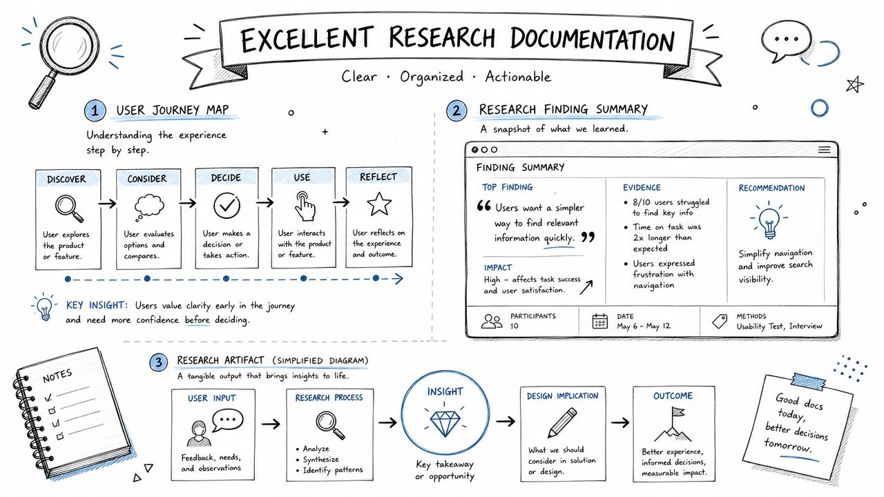 A diagram illustrating best practices for clear, organized, and actionable research documentation including process steps.