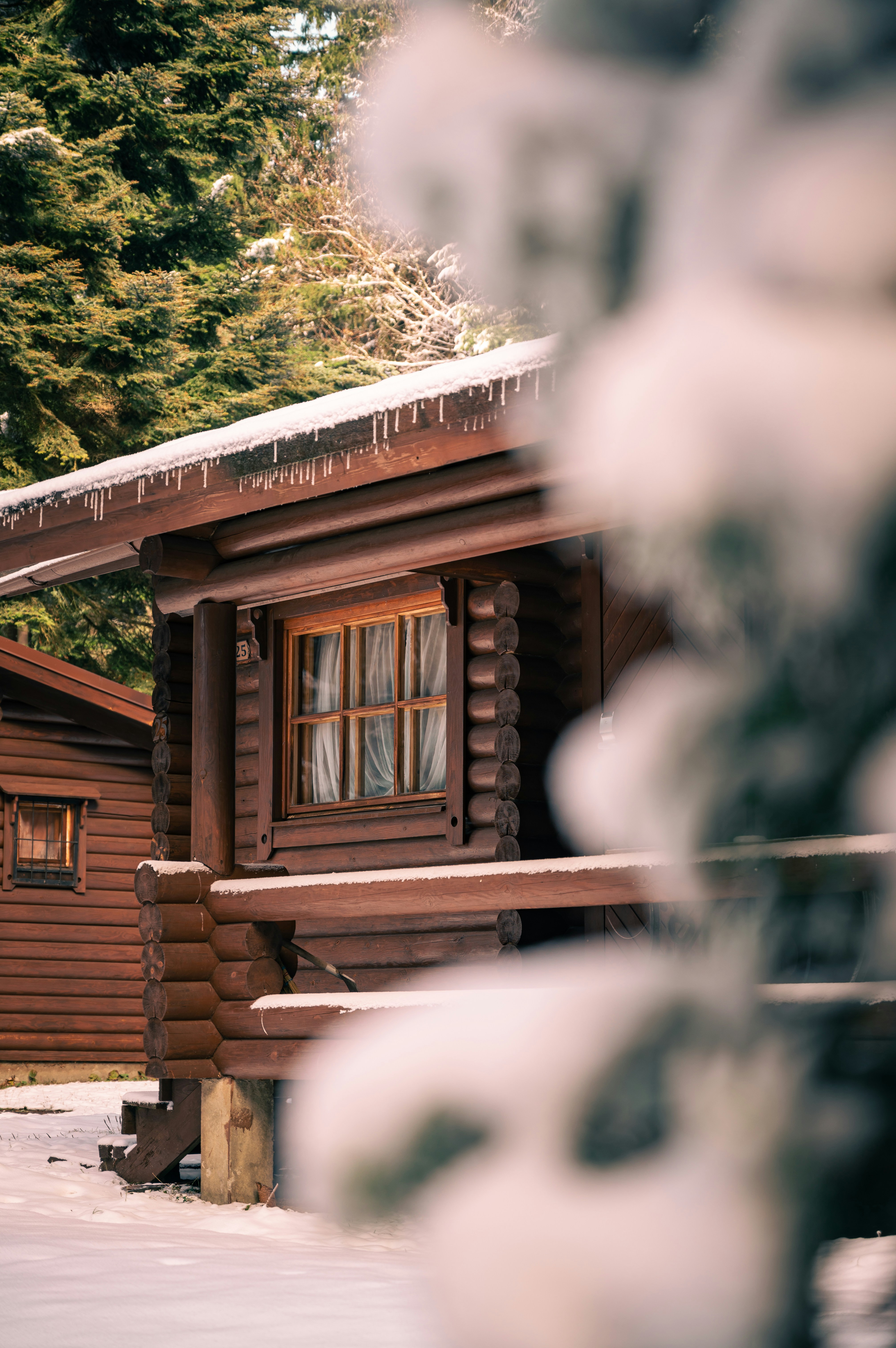 a log cabin with snow on the ground