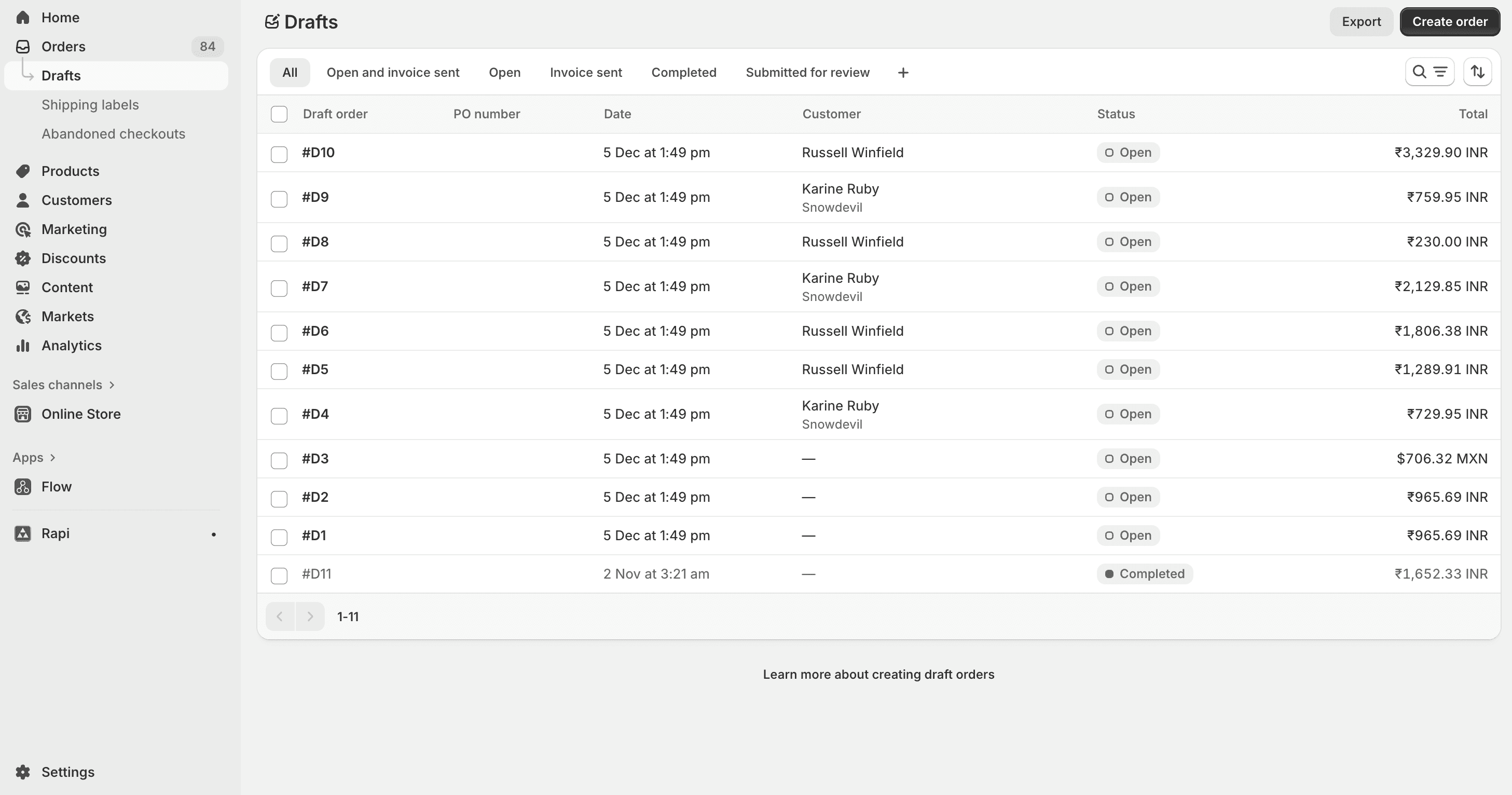 Draft order listing and creation page Shopify admin