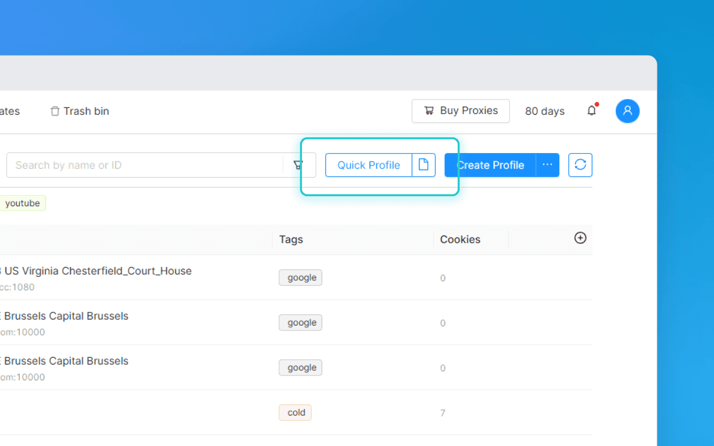 Quick Profile creation button