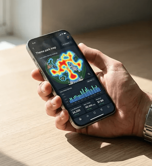 Ein Smartphone auf einem Schreibtisch zeigt das ULTIDO-Dashboard mit einer Live-Park-Heatmap sowie Belegungs- und Umsatzzahlen